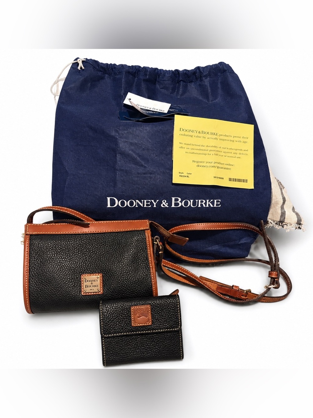 Dooney & Bourke Black Pebble Leather Crossbody with Brown Trim and Wallet